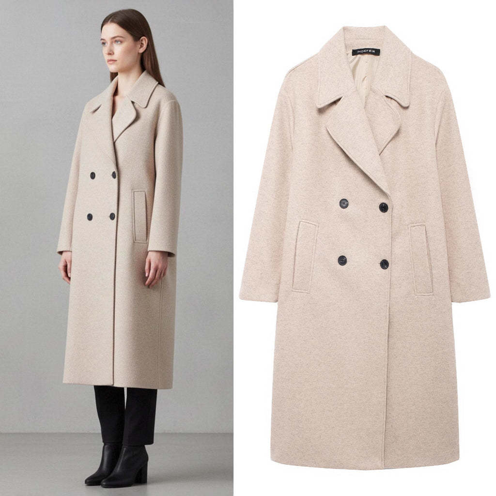 Women's Double-Breasted Wool Blend Coat with Oversized Cut and Lapel Collar Fashion Glam