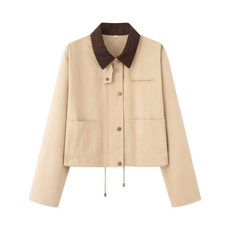 Women's Cropped Workwear Jacket with Cord Collar, Press Buttons and Drawstring Fashion Glam