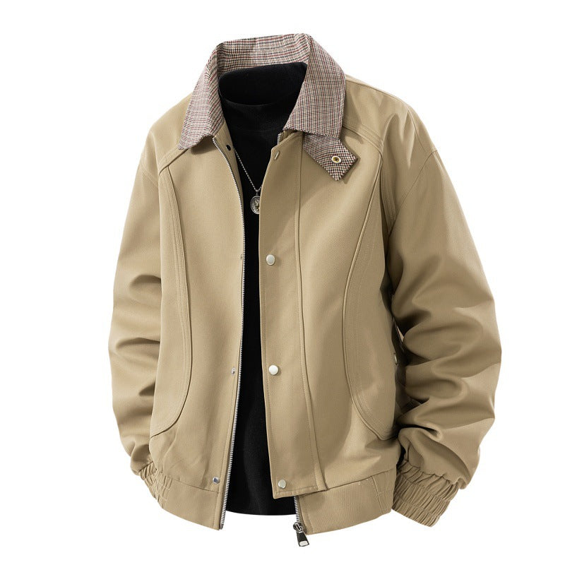Men's Light Canvas Blouson with Check Collar, Zipper and Snap Button Placket Fashion Glam