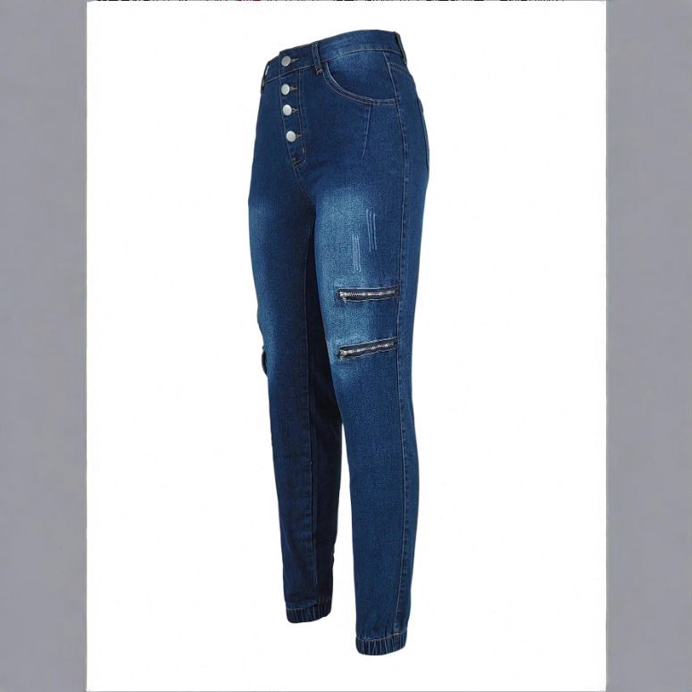 Women's High-Waisted Skinny Jeans with Cargo Zipper Pockets & Button Closure Fashion Glam