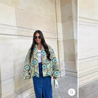 Women's Quilted Short Jacket in Kimono Style with Shawl Collar, Decorative Piping and Allover Print Fashion Glam