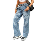Women wide denim jeans with tribal appliqué, raw hem and relaxed fit Fashion Glam