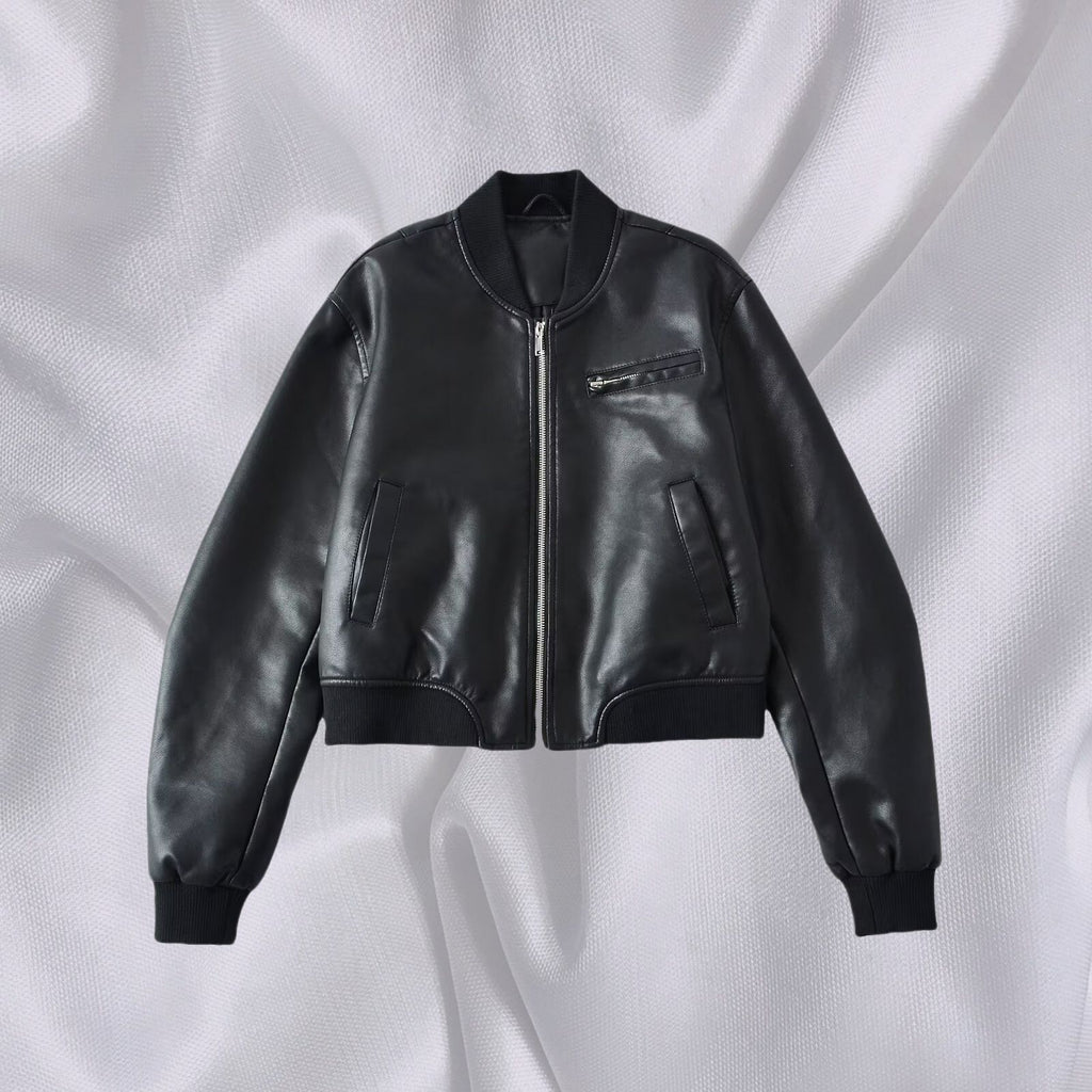 Women Short Leather Look Bomber Jacket with Ribbed Cuffs and Chest Zipper Pocket Fashion Glam