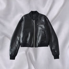 Women Short Leather Look Bomber Jacket with Ribbed Cuffs and Chest Zipper Pocket Fashion Glam