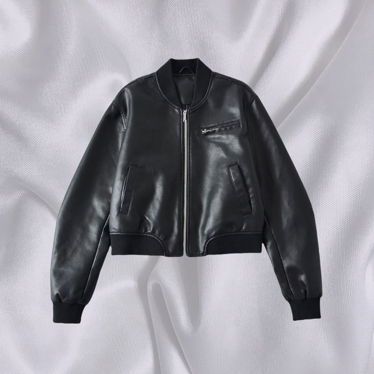 Women Short Leather Look Bomber Jacket with Ribbed Cuffs and Chest Zipper Pocket Fashion Glam