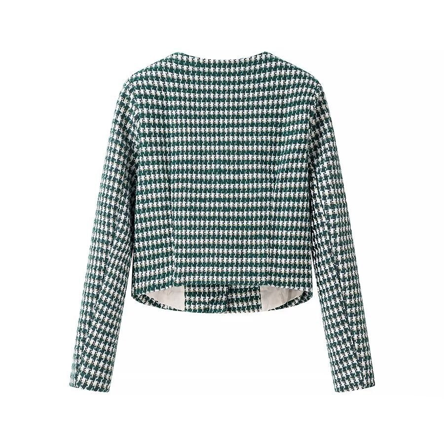 Women Short-Cut Boucle Tweed Blazer with Houndstooth Pattern and Decorative Buttons Fashion Glam