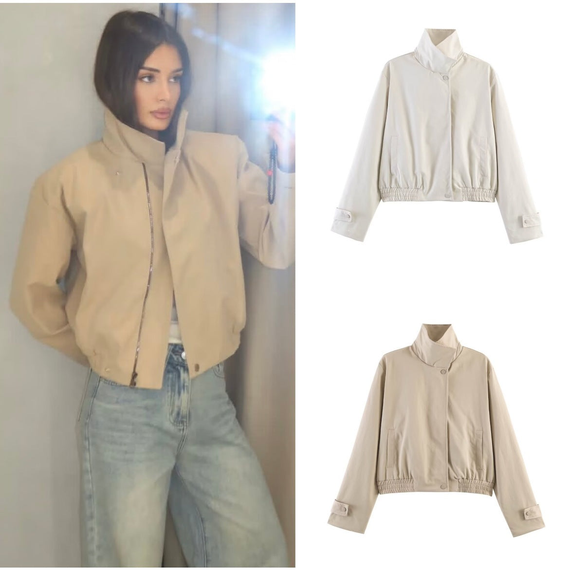 Ladies short jacket with high stand-up collar, elastic waistband and concealed snap button placket Fashion Glam