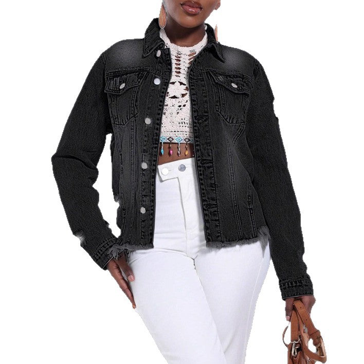 Women's Distressed Denim Jacket with Frayed Hem and Relaxed Fit Fashion Glam