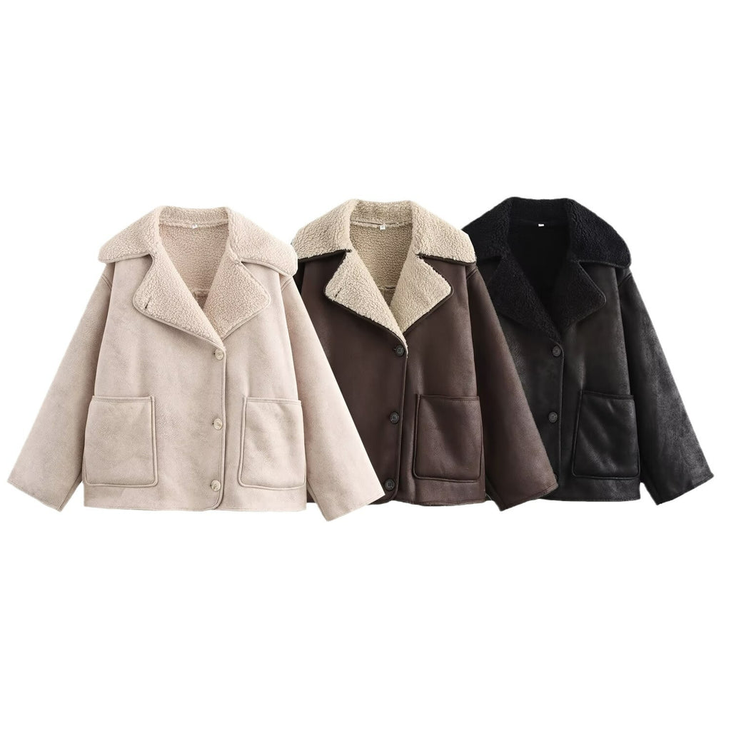 Women Short Lambskin Look Jacket in Boxy Cut with Shawl Collar and Patch Pockets Fashion Glam