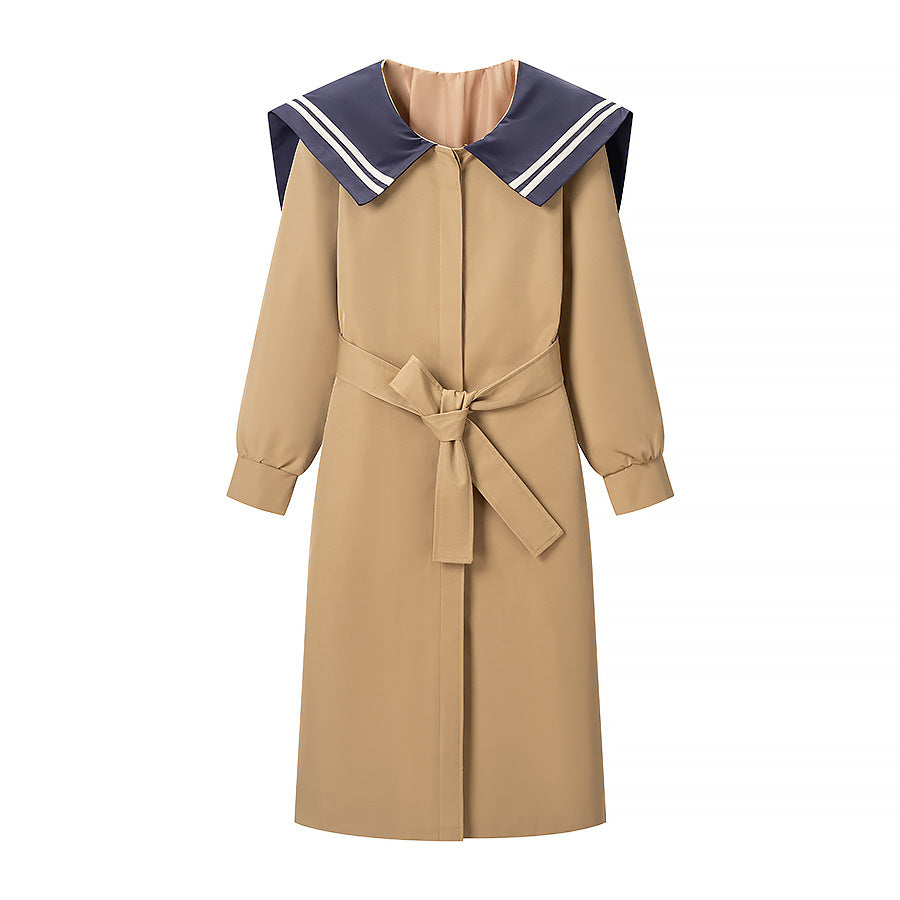 Women's coat with oversized sailor collar, belted waist and concealed button placket Fashion Glam