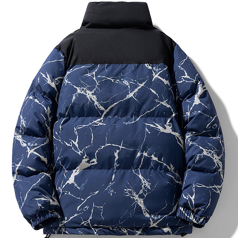 Men's padded quilted jacket with marble print, high stand collar and windproof exterior Fashion Glam