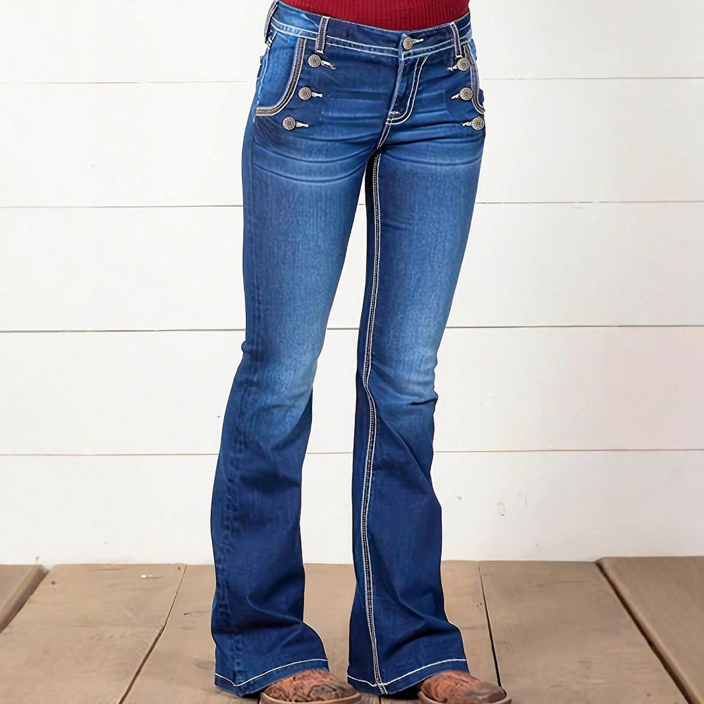 Ladies' Waist-Cinched Bootcut Jeans with Decorative Button Appliqué and Contrast Stitching Fashion Glam