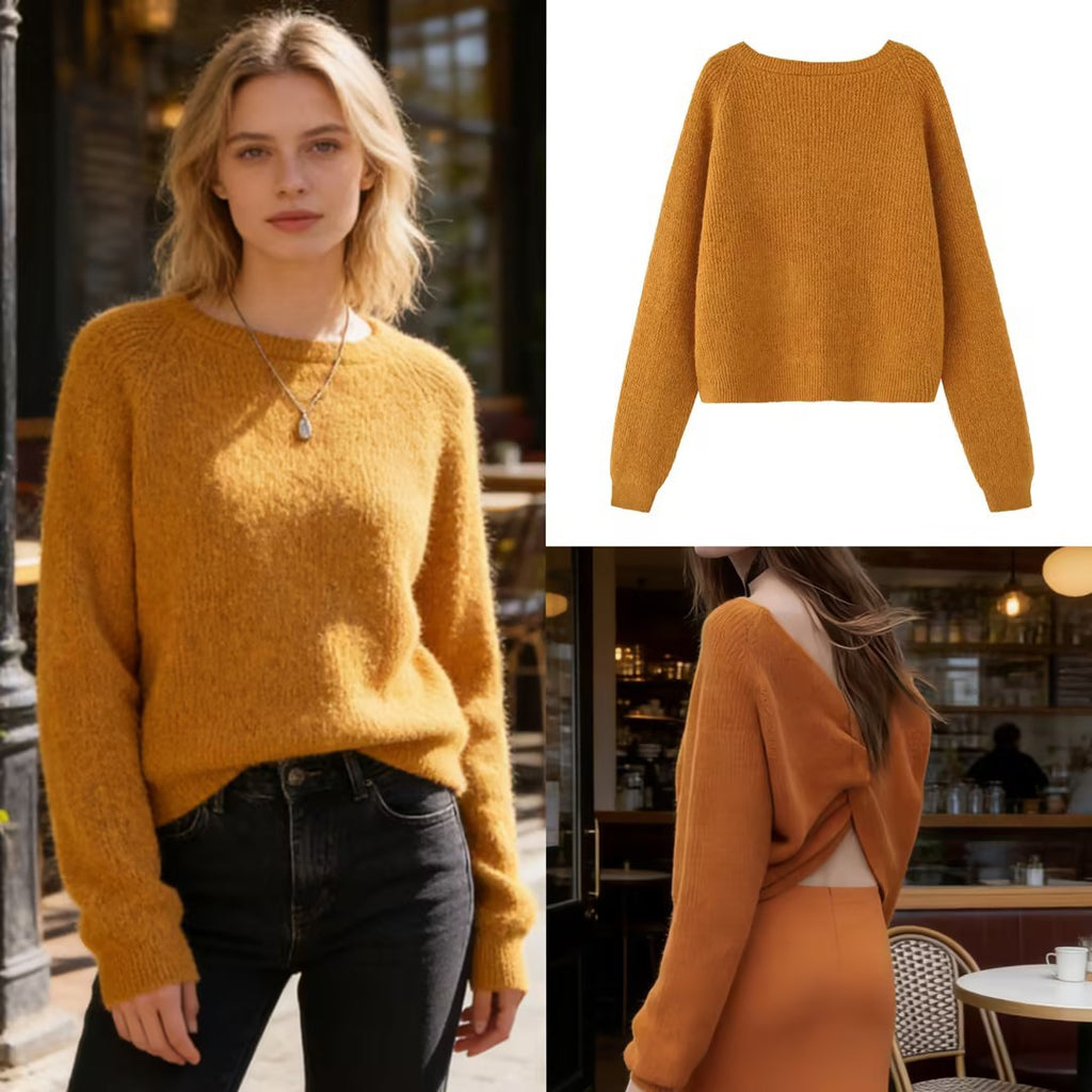 Ladies chunky knitted pullover with boat neck and cropped cut Fashion Glam