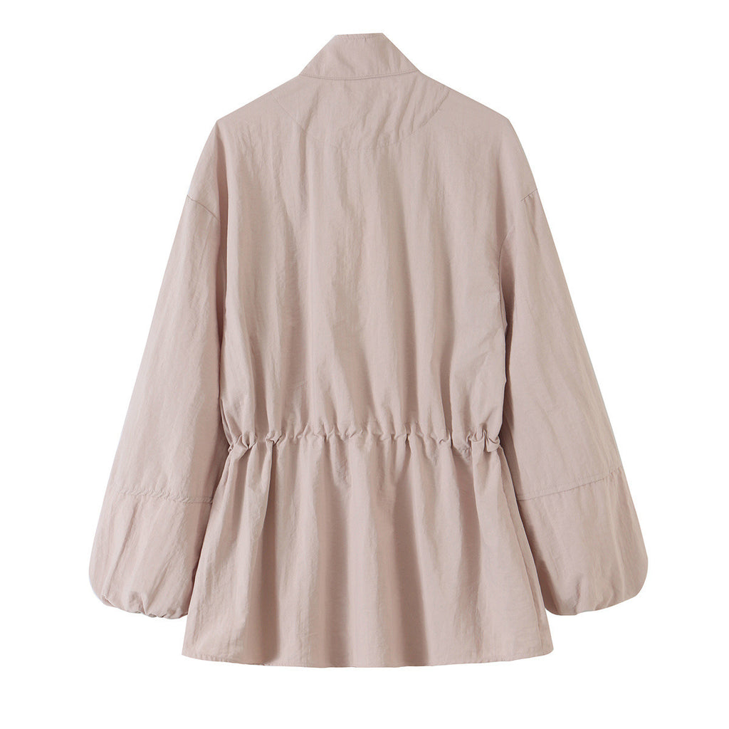 Women's Tailored Windbreaker with Drawstring, Stand Collar and Balloon Sleeves Fashion Glam