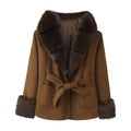 Women's Short Wool Blend Coat with Faux Fur Collar, Waist Belt and Patch Pockets Fashion Glam