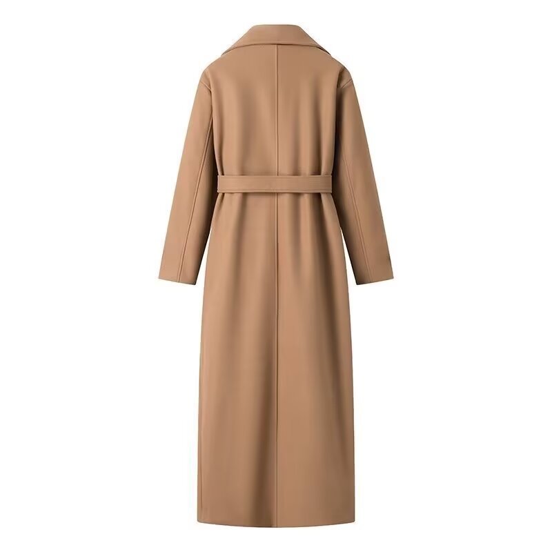 Women Maxilength double-breasted trench coat made of wool blend with tie belt and shoulder flap Fashion Glam