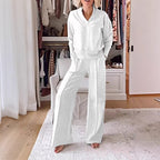 Ladies two-piece lounge set made of soft jersey with V-neck and wide palazzo pants cut Fashion Glam