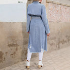 Women's Long Denim Trench Coat with Distressed Hem and Double-Breasted Button Placket Fashion Glam
