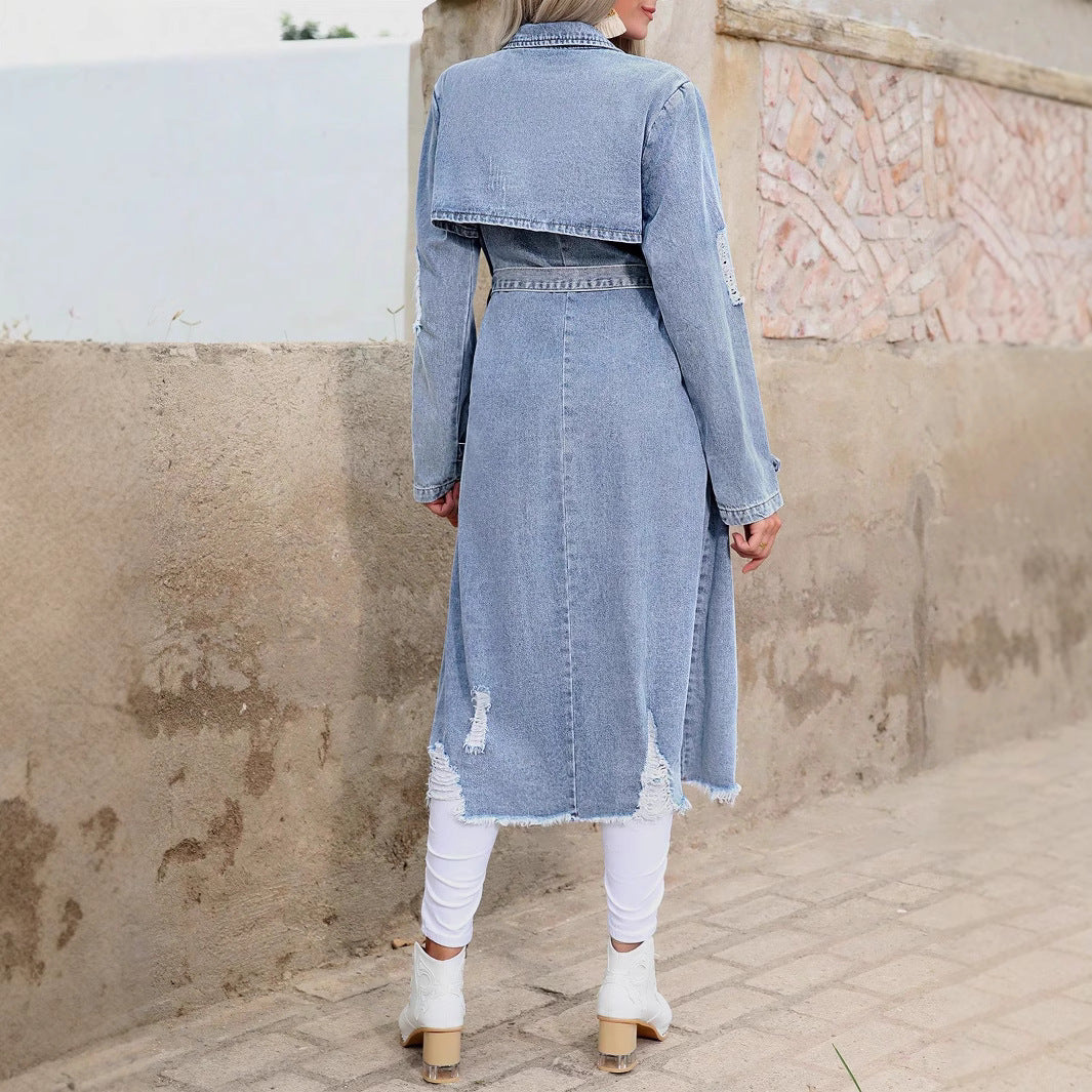 Women's Long Denim Trench Coat with Distressed Hem and Double-Breasted Button Placket Fashion Glam