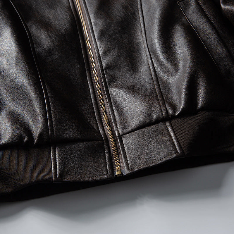 Men's leather bomber jacket in boxy cut with full-length zipper and ribbed hem Fashion Glam