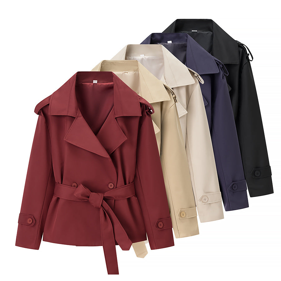 Women's Short Cut Tailored Trench Coat with Tie Belt and Epaulettes Fashion Glam