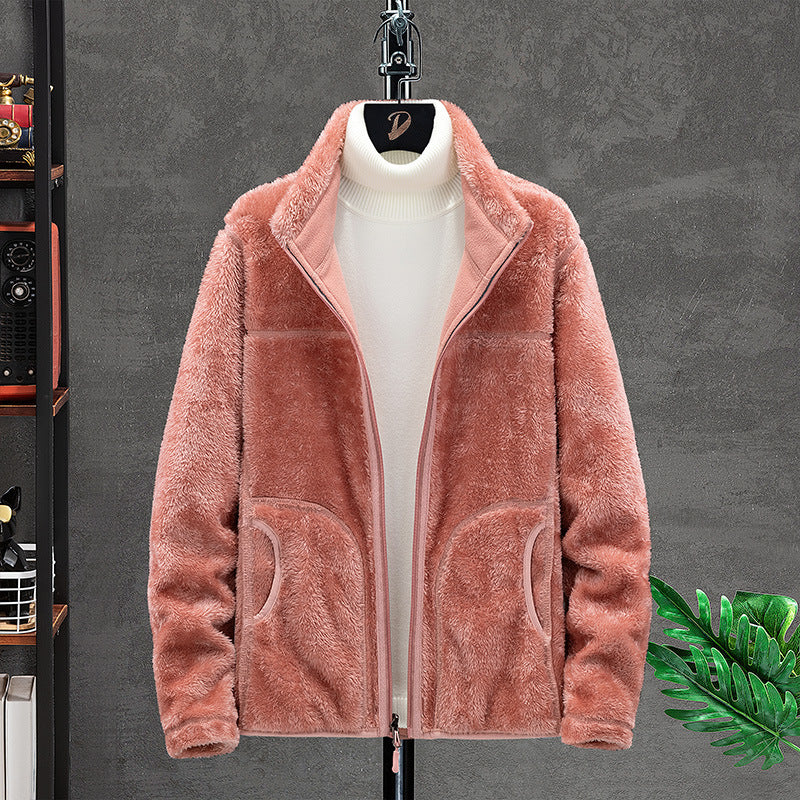Women Cozy Fleece Jacket with Teddy Lining, Stand Collar and Two Zip Pockets Fashion Glam