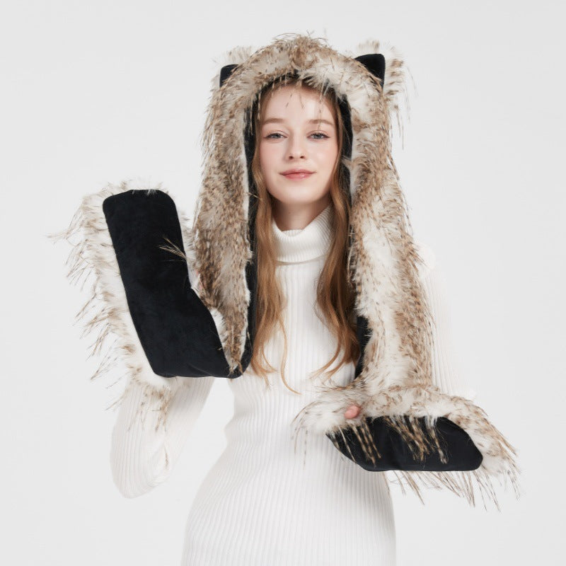 Women's hooded scarf made of luxurious faux fur with ear application and long stola ends Fashion Glam