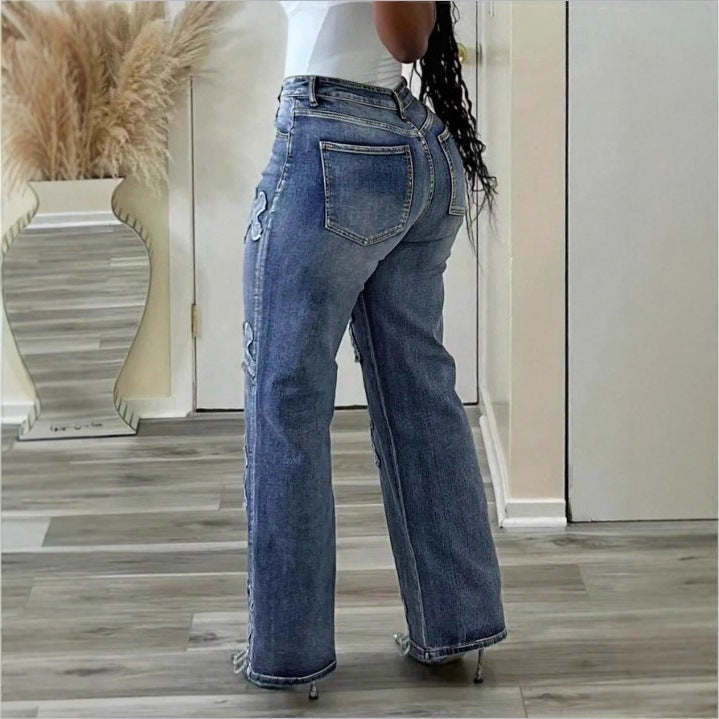 Women High-Waisted Straight-Leg Jeans with Fringed Cross Applications Fashion Glam