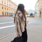 Women's short boxy faux fur jacket with voluminous shawl collar and striped look Fashion Glam