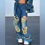 Women's wide Destroyed-Denim-Jeans with Neon Fringe Application Fashion Glam