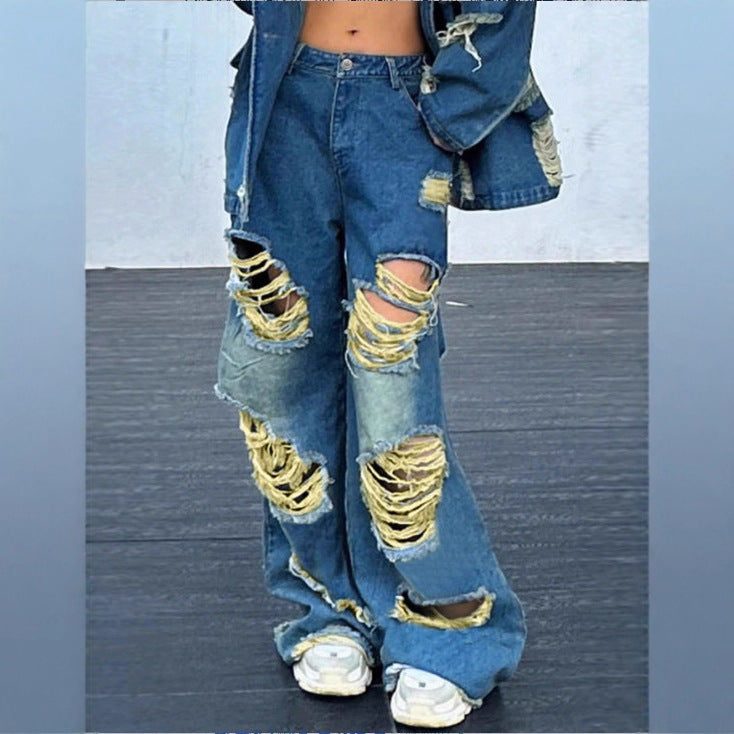 Women's wide Destroyed-Denim-Jeans with Neon Fringe Application Fashion Glam
