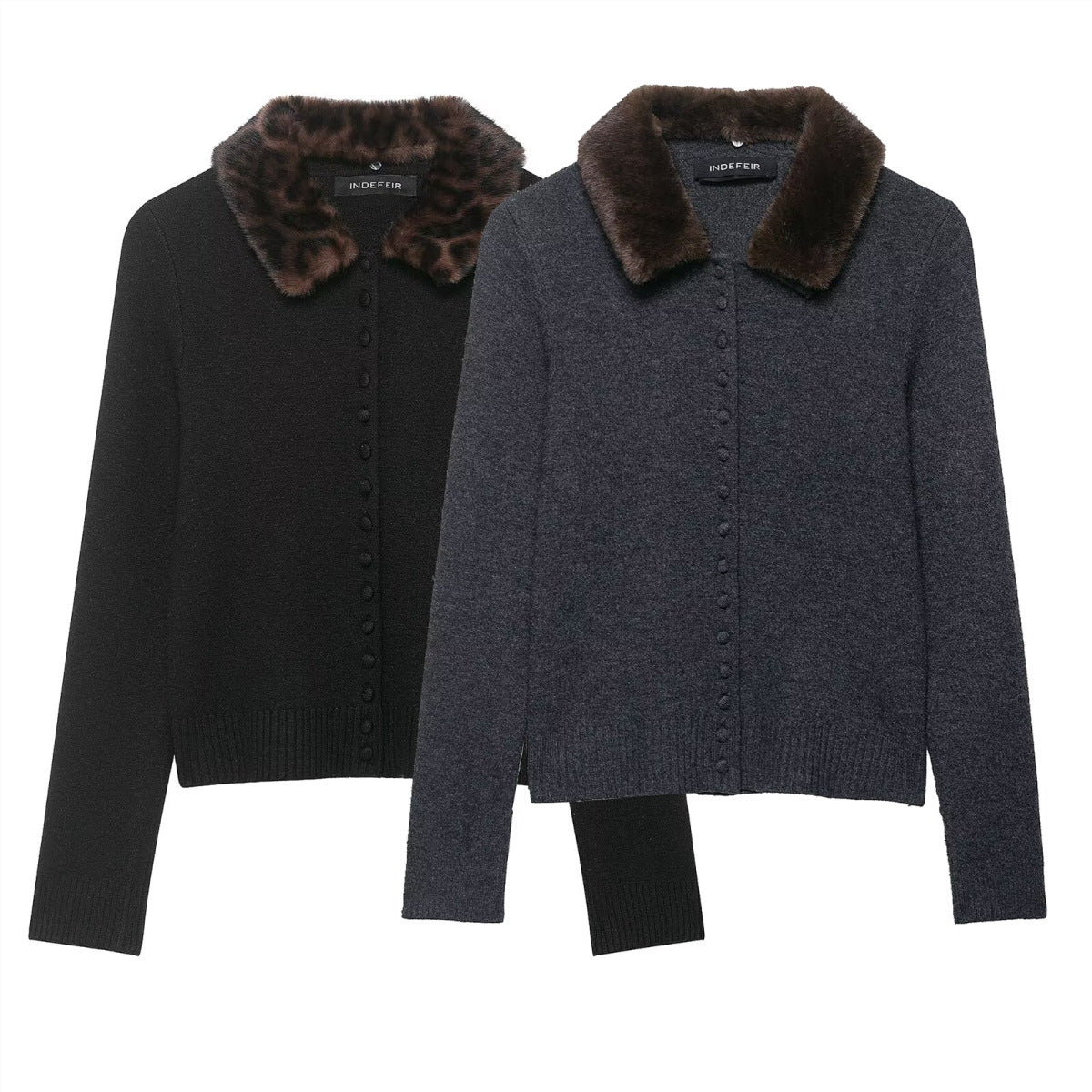 Women's fine-knit cardigan with faux fur collar and concealed button placket Fashion Glam