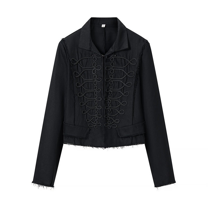 Women Cropped Military Inspired Jacket with Braid Application and Fringed Hem Fashion Glam