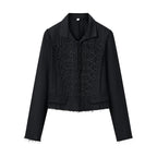 Women Cropped Military Inspired Jacket with Braid Application and Fringed Hem Fashion Glam