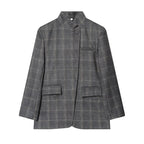 Women's tailored check blazer with stand-up collar, concealed button placket and flap pockets Fashion Glam
