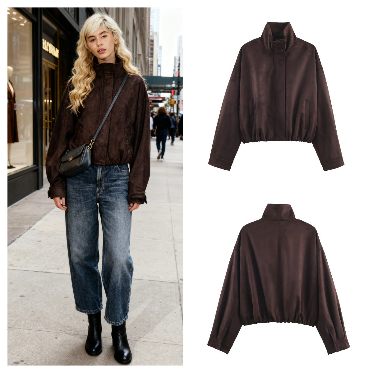 Women's Short Oversized Suede-Look Bomber Jacket with Stand-Up Collar and Elastic Hem Fashion Glam