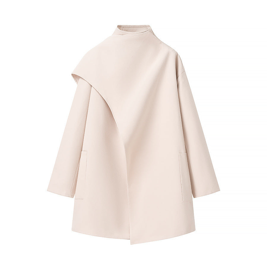 Women's short coat with high roll collar, cape detail, and patch pocket Fashion Glam