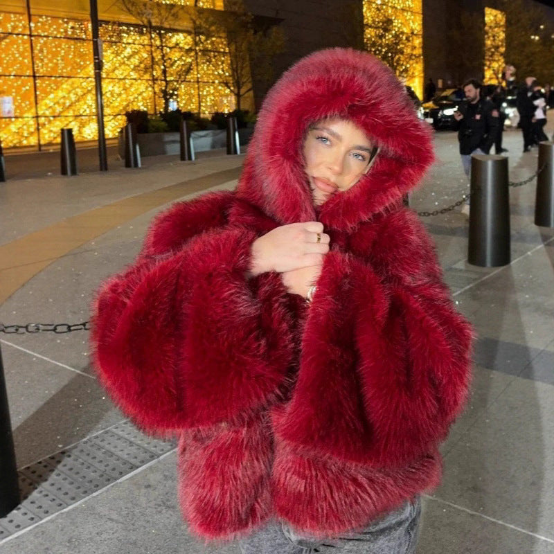 Women's Hooded Faux Fur Jacket with Voluminous Shaggy Silhouette Fashion Glam