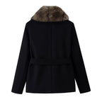 Women's Short Wool Blend Coat with Removable Faux Fur Shawl Collar and Waist Belt Fashion Glam