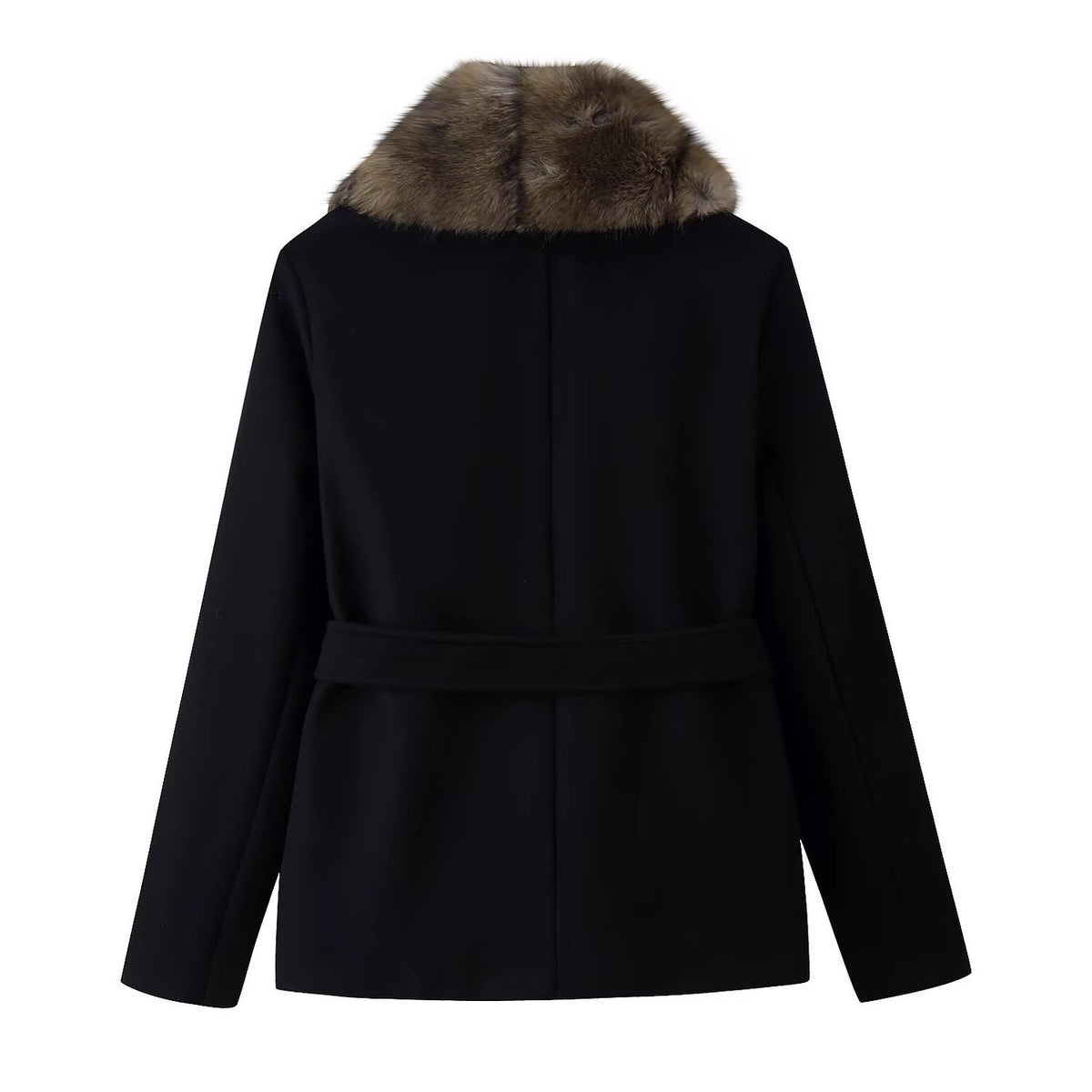 Women's Short Wool Blend Coat with Removable Faux Fur Shawl Collar and Waist Belt Fashion Glam