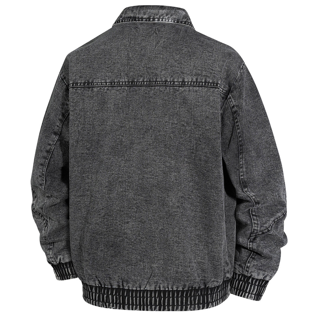 Men's Oversized Jeans Bomber Jacket with Stone Wash, Zipper and Ribbed Hem Fashion Glam