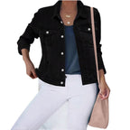 Ladies Short Cropped Tailored Denim Jacket in Trucker Style with Silver Buttons Fashion Glam