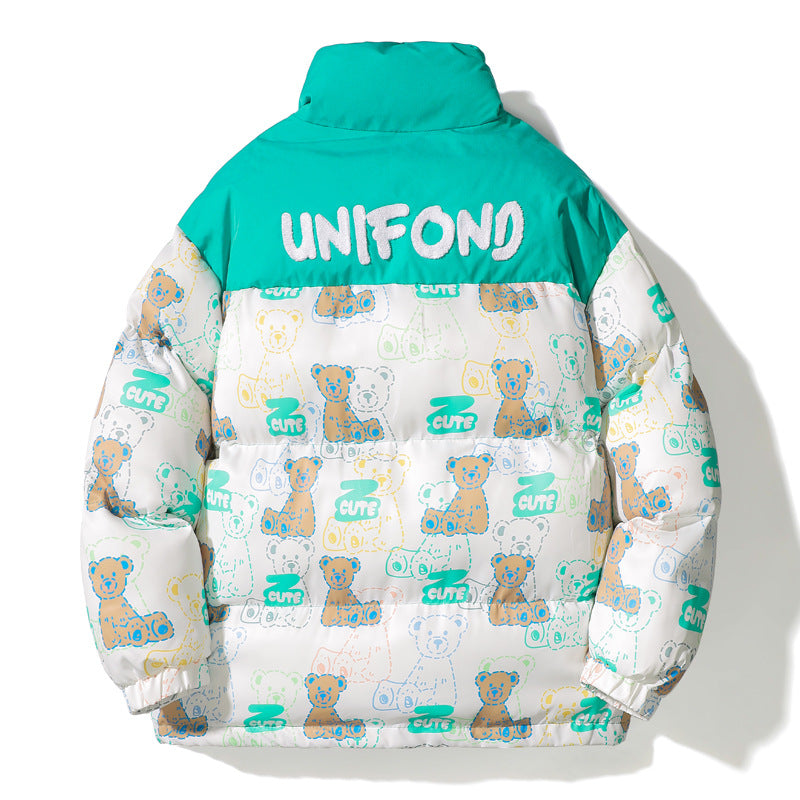 Unisex Quilted Teddy-Print Puffer Jacket with High Collar Fashion Glam