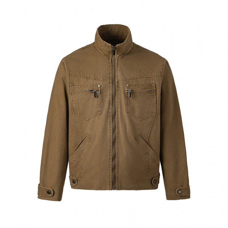 Men's short jacket made of canvas in field style with stand-up collar, zipper and multifunctional pockets Fashion Glam