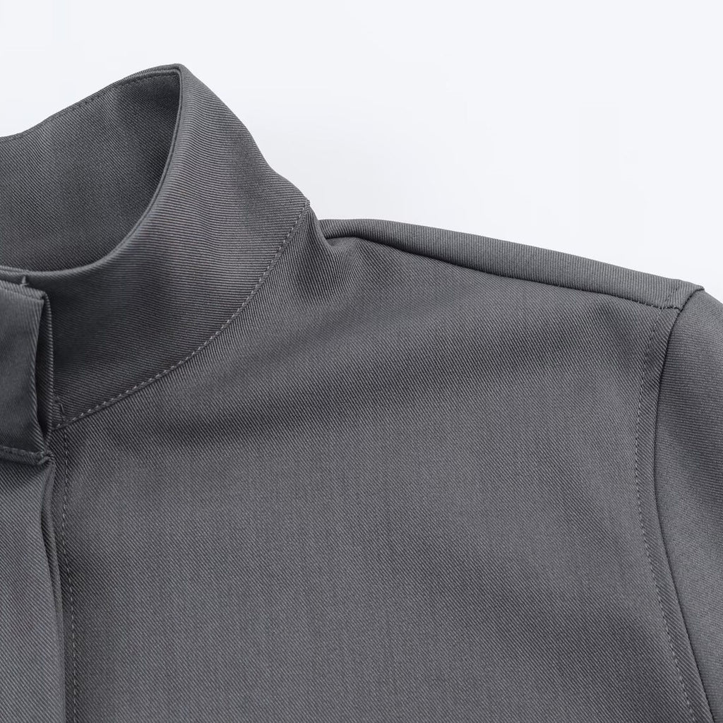 Women's loose-fitting tunic blouse with concealed button placket and stand-up collar Fashion Glam