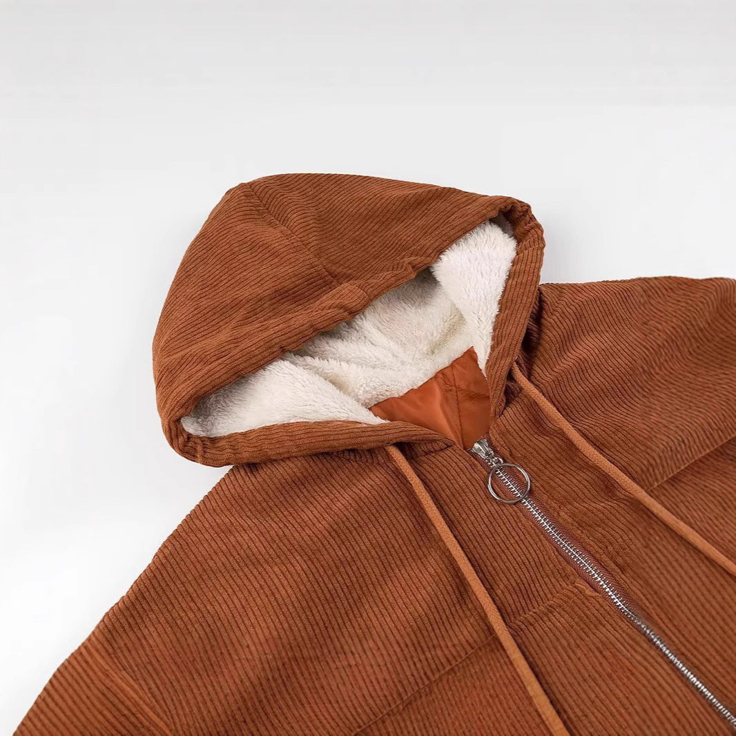 Ladies Cord Jacket with Hood, Teddy Lining and Ring Zipper Fashion Glam