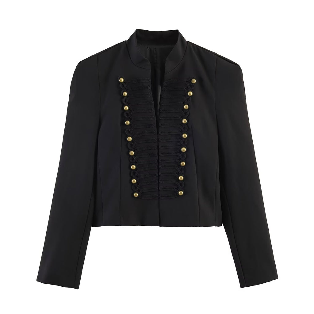Women's short jacket in military style with stand-up collar and decorative frog detail Fashion Glam