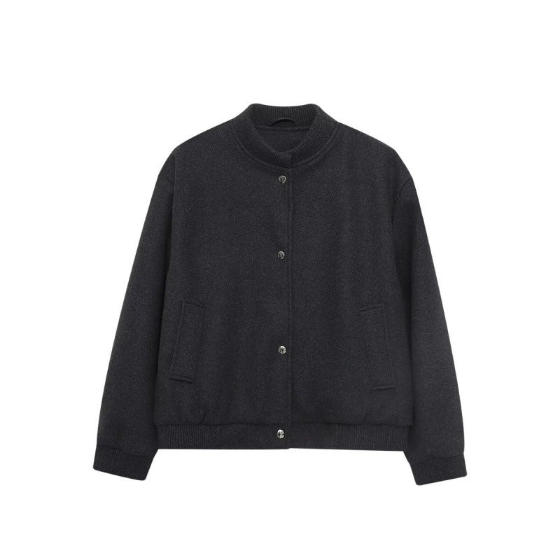 Men's wool blend bomber jacket with ribbed cuffs and snap button placket Fashion Glam