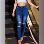 Women High-Waisted Bootcut Denim Jeans with Sculpting Effect and Knee Rips Fashion Glam