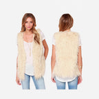 Women Sleeveless Shaggy Faux Fur Vest with Long Pile and Open Hem Fashion Glam